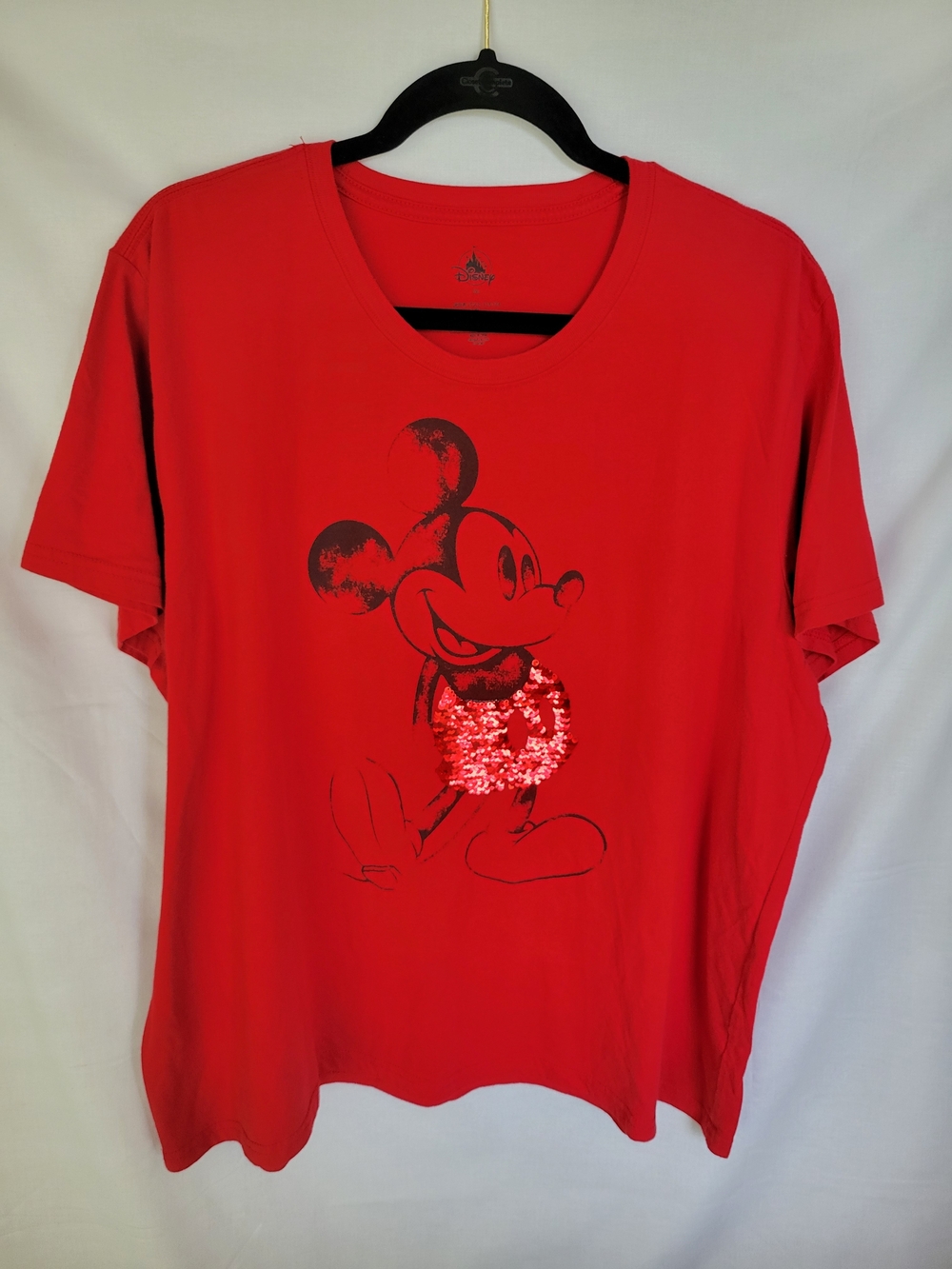 Disney Red Crewneck Graphic Tee with Reversable Sequin Mickey Logo